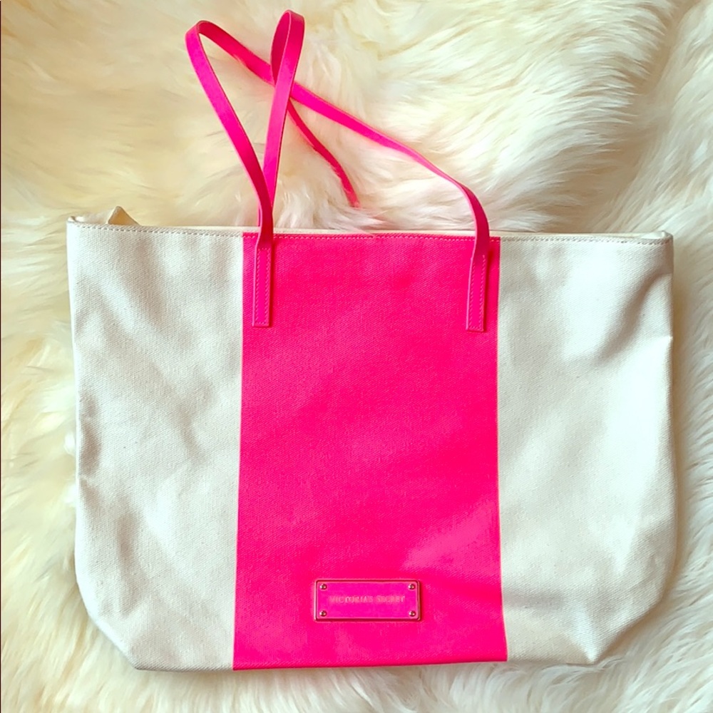 Victoria’s Secret Ivory Neon Pink Tote Bag